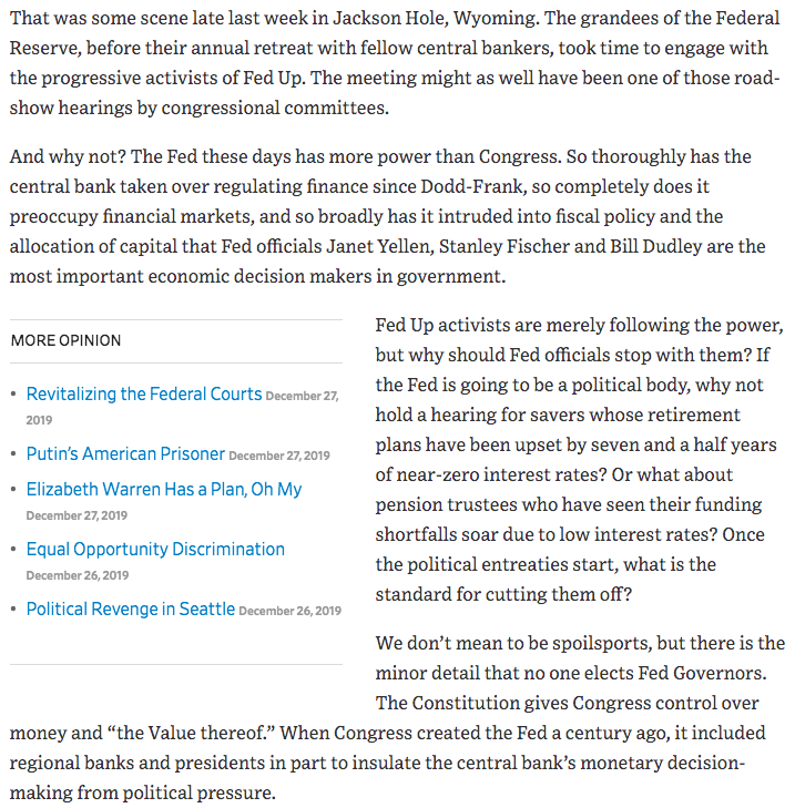 August 2016 "If the Fed is going to be a political body, why not hold a hearing for savers whose retirement plans have been upset by seven and a half years of near-zero interest rates?"  https://www.wsj.com/articles/the-federal-reserves-politicians-1472420590