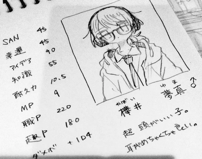 明日姉とクトゥルフするので作った。
INTが18もあるので、頭良い子です。
普通に女の子描いてたけど、外見女の子の男の子が性癖なので、夢真くん(♂)にした。 