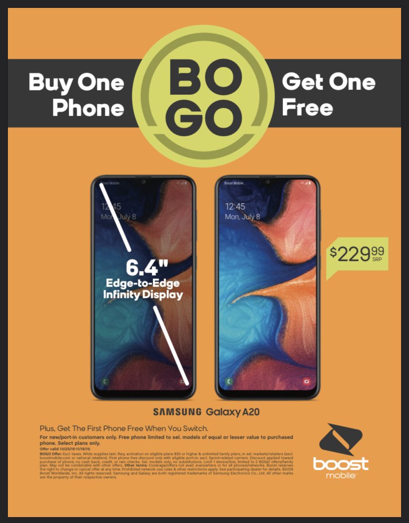 ewbyboostmobile's tweet photo. Buy 1 Samsung Galaxy A20 @ $179.99 or get it FREE when you switch and get another A20 FREE when you port or activate another line! That’s up to $460 in SAVINGS! #bestvalueinwireless
*participating locations*while supplies last*restrictions may apply*see store for details* https://t.co/uvMitPrB3V