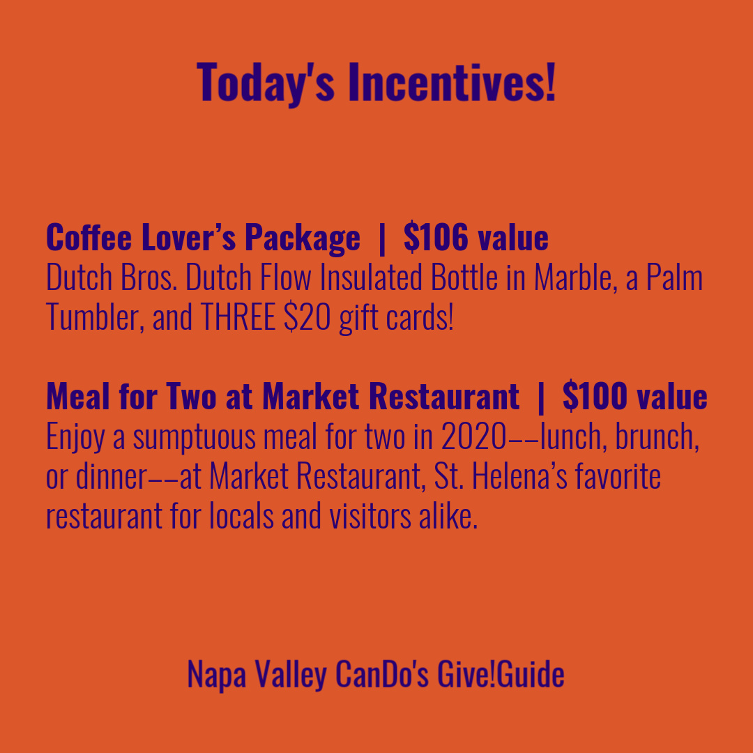 NVGiveGuide's tweet photo. #BigGiveDay 🎉 DONATE TODAY, Saturday, December 28, to any organization in the #CanDoGiveGuide for an opportunity to receive one of these fantastic incentives! 

Click here to give and view each week's incentives: https://t.co/DKZdRJereE

#NapaValleySpirit #NapaCommunity https://t.co/qzJi0AYvHX