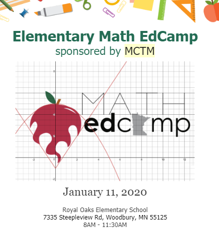 mctm_mn's tweet photo. Join us for the MCTM Elementary Math Ed Camp!  This is a free event.  Register @ https://t.co/oifXzqpeb5 .@vangmay1 .@fricke_wayzata .@jariv001 .@AnnMVogel .@MNSTEMNetwork .@MNmath4all  .@MnDeptEd  #mtbos https://t.co/RLAIzCyCeN