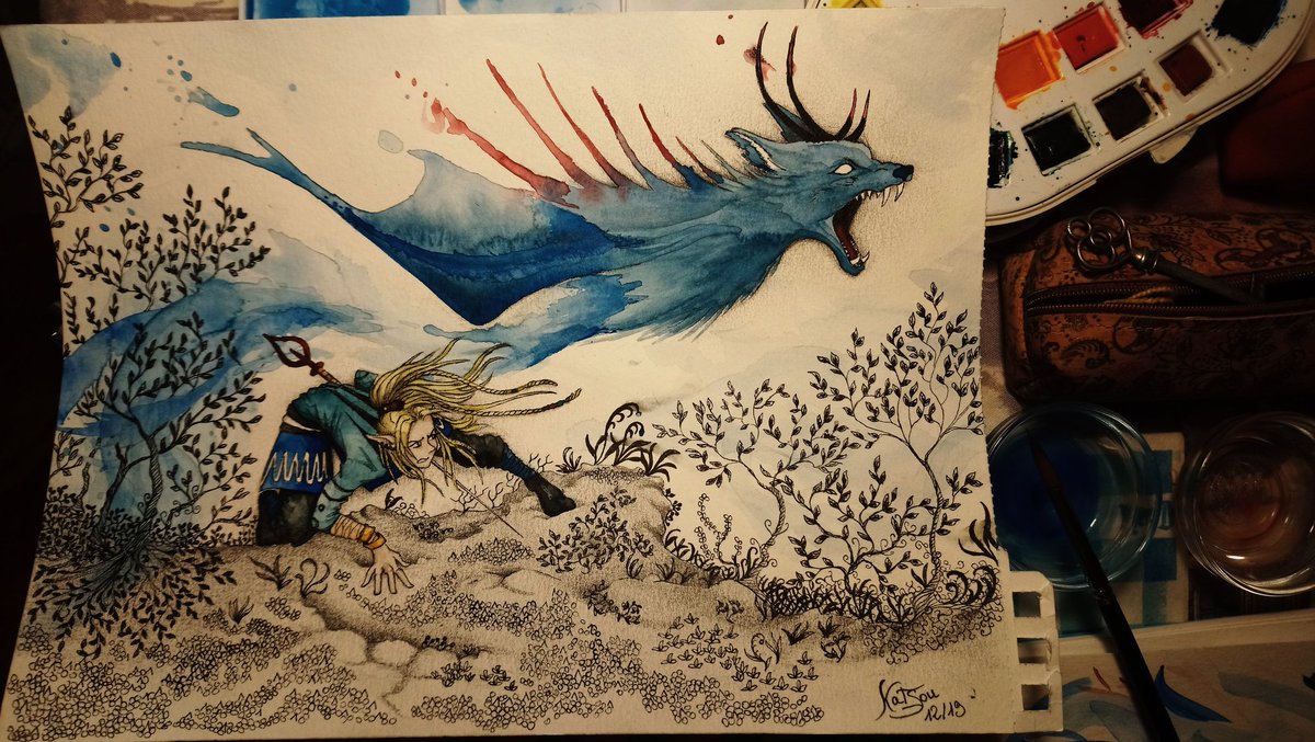 KatSou14's tweet photo. Et voilààà ! Nescafé Capuccino !
...
Bon voici le résultat final de mes derniers gribouillages. Chill, un de mes protagonistes et sa chimère. Je m'en suis pas si mal sortie, si on considère que je ne connais rien à l'aquarelle et que j'en ai renversé partout à gauche. 😅 https://t.co/1cM8rr7KE9
