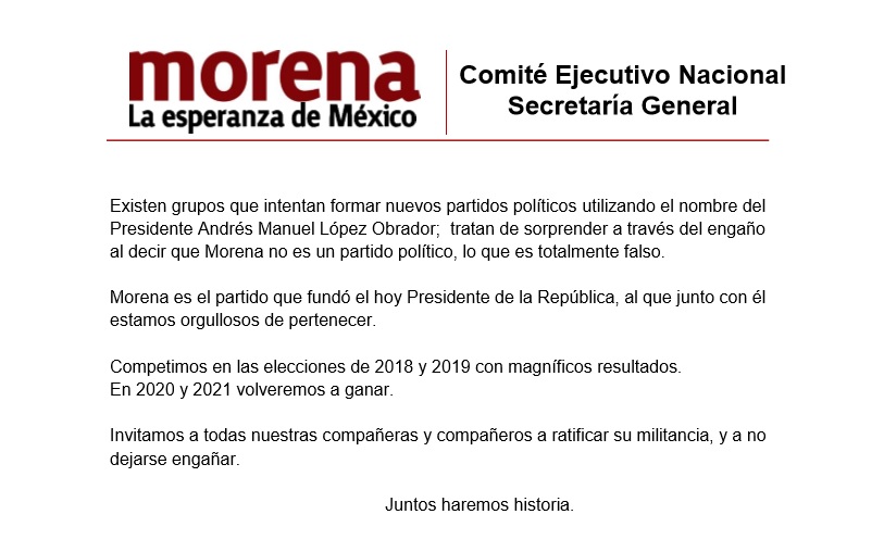 Es tiempo de ratificar tu militancia, el partido del presidente <a href="/lopezobrador_/">Andrés Manuel</a> es #morena #JuntosHaremosHistoria