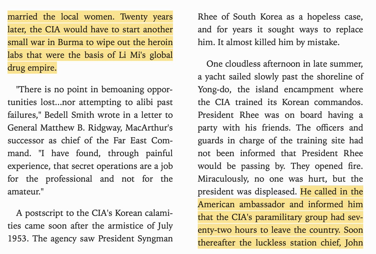This is all from Tim Weiner's Legacy of Ashes. US kept sending recruits to their death after the Korean War was over. President Rhee expelled the CIA after they "accidentally" almost killed him. Maybe that's why he survived while Ngo Dinh Diem did not?