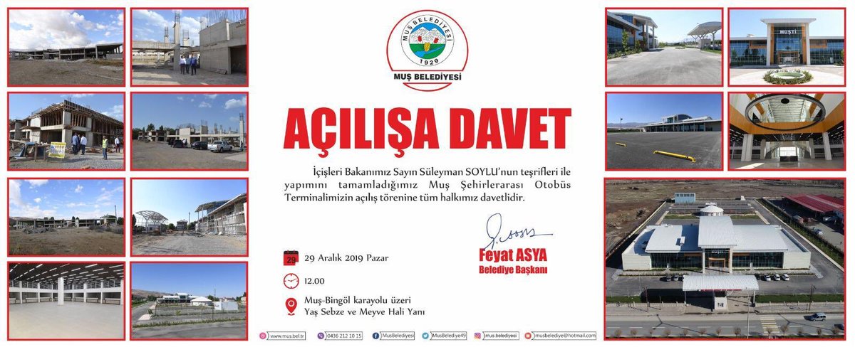 MusAkpartimus49's tweet photo. İçişleri Bakanımız Sayın Süleyman Soylu’nun teşrifleri ile yapımını tamamladığımız Muş Şehirlerarası Terminalimizin açılış törenine tüm halkımız davetlidir.

🗓 29 Aralık 2019 Pazar
⏱ 12.00
📍 Muş Bingöl karayolu - Sebze Meyve Hali yanı https://t.co/lpj8hERz4N
