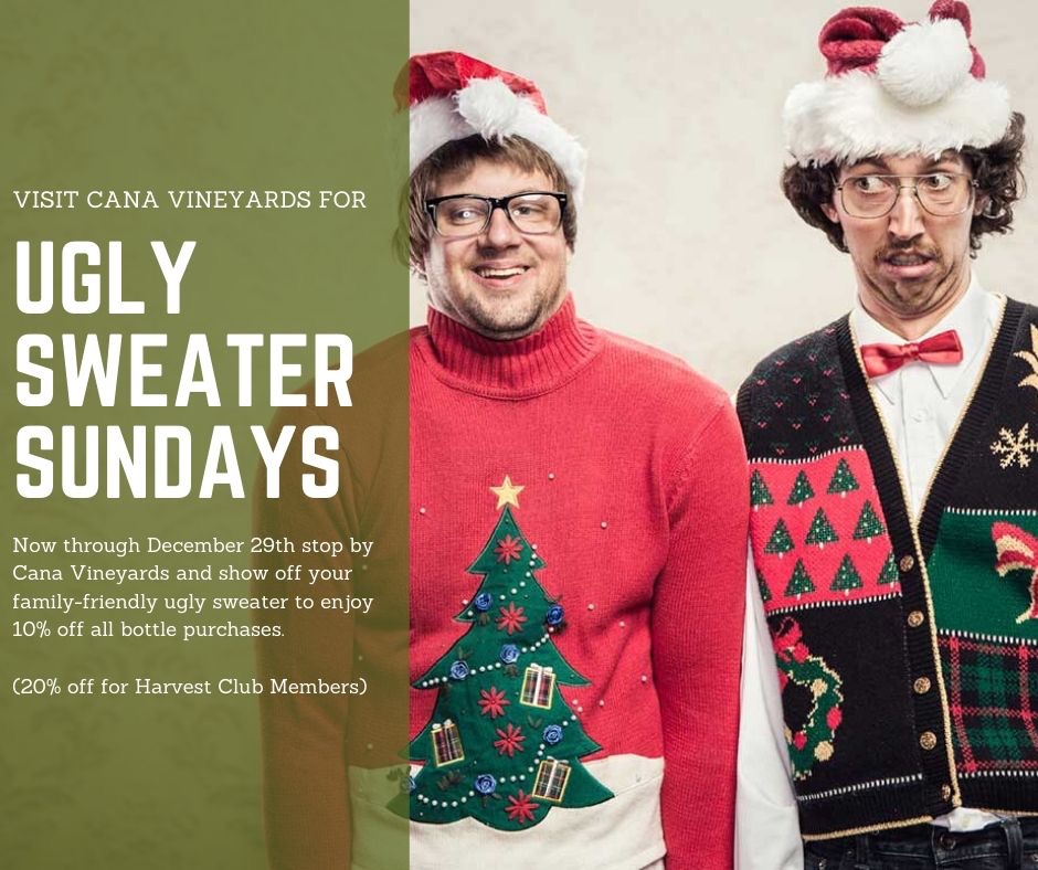 Tomorrow is the last Ugly Sweater Sunday day at Cana! Wear your family-friendly ugly sweater to Cana to enjoy 10% off bottle purchases (20% for Harvest Club members). canavineyards.com/calendar/categ… #harvestgoodcheer #canavineyards #uglysweater #loveloudoun #middleburgva #drinklocal