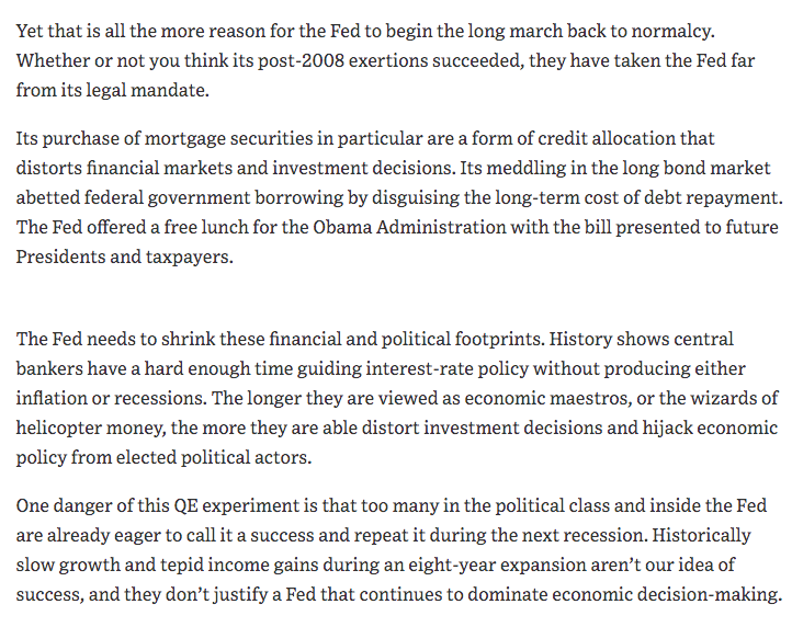 Sep 2017 "No one should call any of this a tight monetary policy...fed funds rate still at 1-1.25%...may have to reconsider its slow pace of rate increases, lest it repeat its mistake of 2003 and keep rates too low for too long after a pro-growth tax cut."  https://www.wsj.com/articles/the-slow-and-steady-fed-1505948734