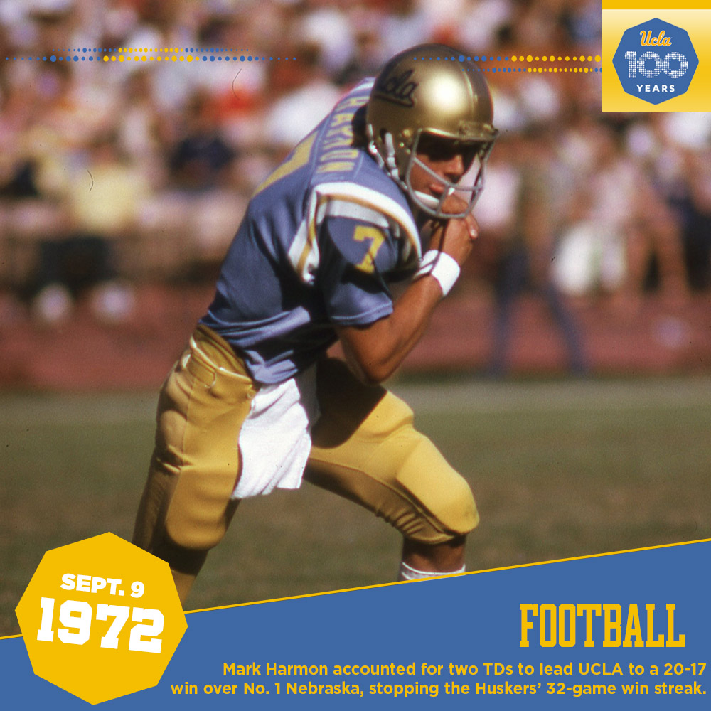 #UCLA100: <a href="/UCLAFootball/">UCLA Football</a> defeated No. 1-ranked and 2-time defending national champion Nebraska, 20-17, in 1972 to snap the Cornhuskers' 32-game winning streak. 

For more Centennial moments, visit uclabruins.com/centennial