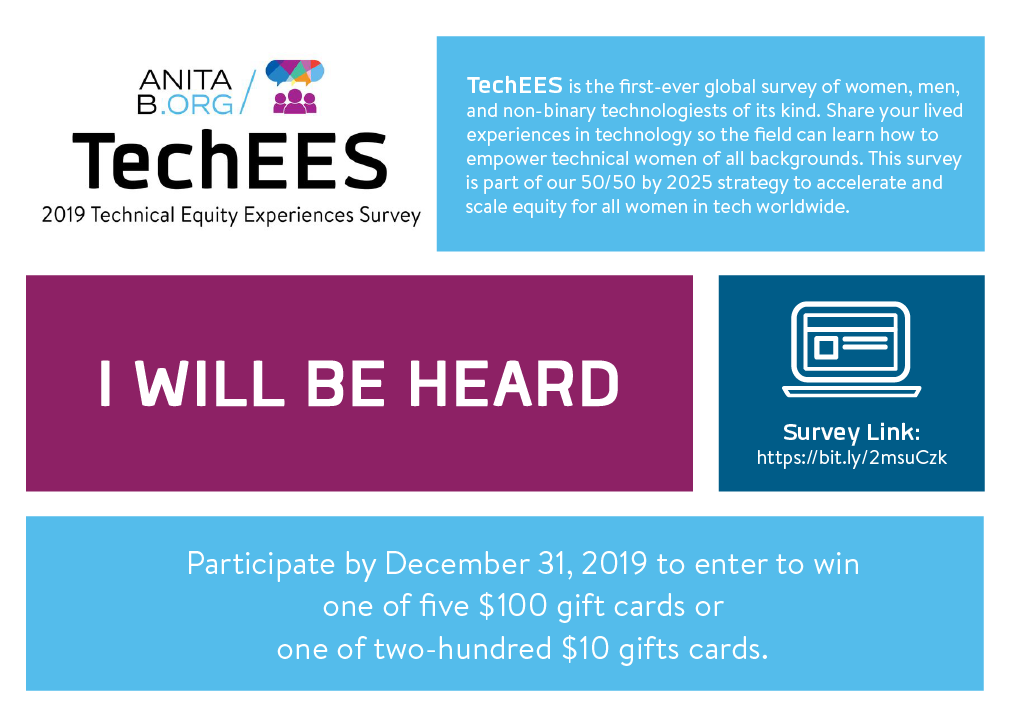 ghc's tweet photo. Reminder to our Male Allies: We extended the deadline of the #AnitaB Technical Equity Experience Survey (#TechEES) to 12/31. We specifically need additional input from men. Please take and share with other male allies: https://t.co/AlLI57PWIw #5050by2025 https://t.co/GAnTzcHxLY