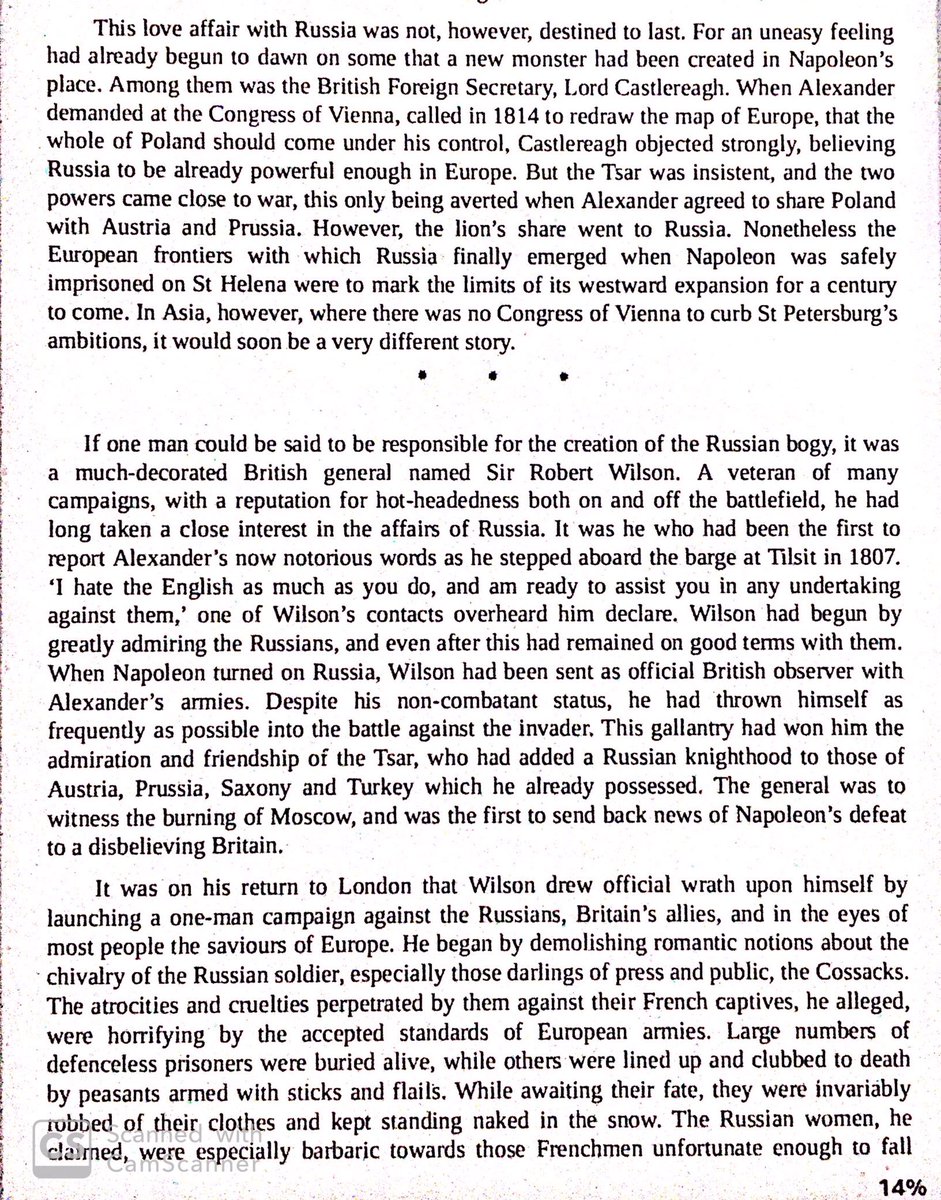 After Napoleon’s defeat, Russia was popular with the British public. One British general, Sir Robert Wilson, ran a very successful public relations campaign against Russia, spreading all sorts of myths & lies against her, while also pointing out her great strength.