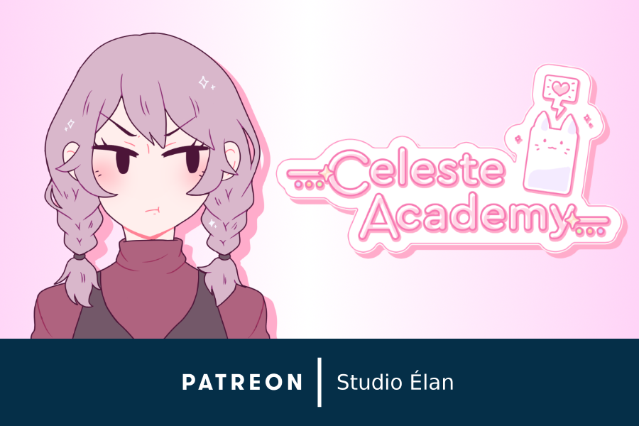 Banner: PATREON | Studio Élan. Celeste Academy logo, with a picture of Lexa, a girl with a stern sideways glare and twin braids. She wears a black vest over a red turtleneck.