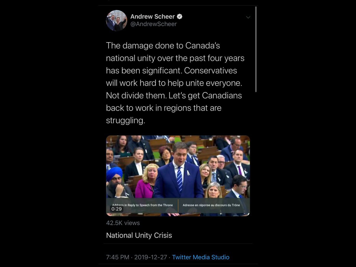 tylerwatt's tweet photo. Who decided this fake unity crisis was going to be the Conservatives’ key messaging post-election? No one is buying it. If there’s anyone who caused division among a Canadians it’s @AndrewScheer & his Conservatives with their constant lies & fearmongering. #CDNPoli #ScheerFoolery https://t.co/CeeLJmodl1