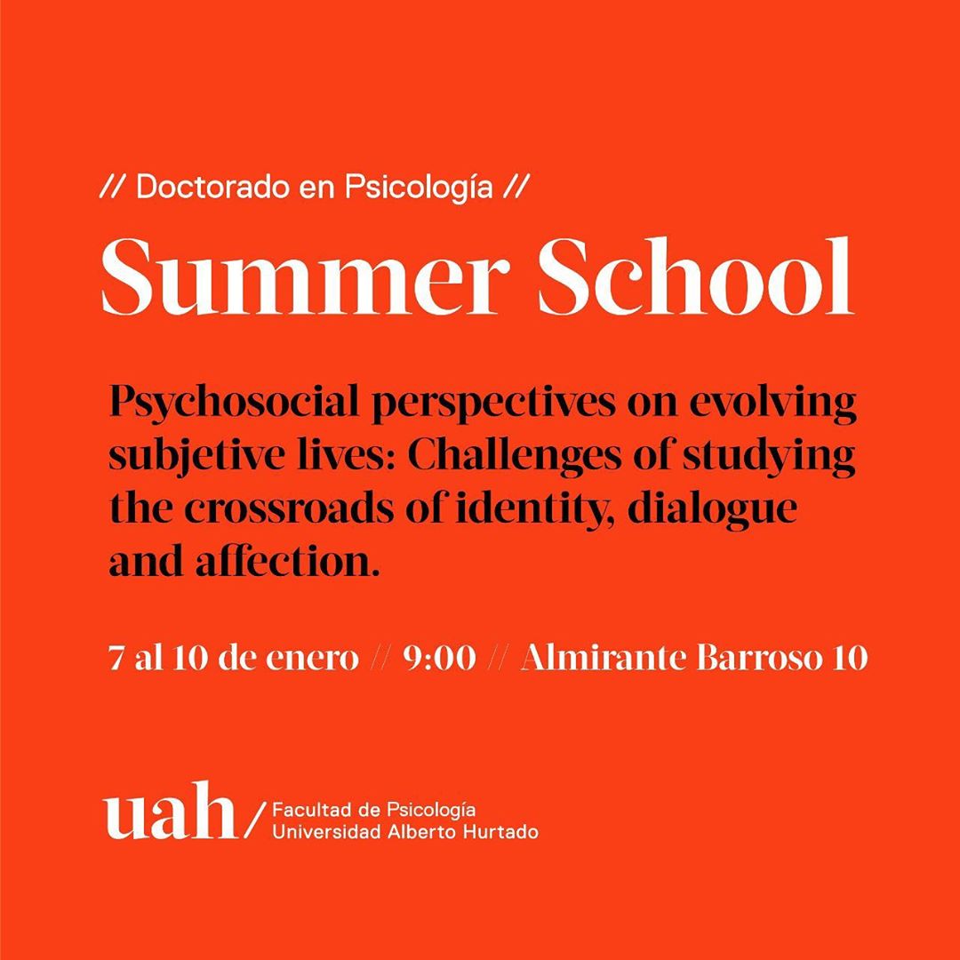 El Doctorado en psicología los invita a participar una nueva versión del #SummerSchool “Psychosocial perspectives on evolving subjetives lives“, apoyado por la <a href="/Society_ISTP/">ISTP</a>, que se realizará en la Facultad de <a href="/PsicologiaUAH/">Psicología UAH</a>.

Inscripciones: doctoradopsicologia@uahurtado.cl