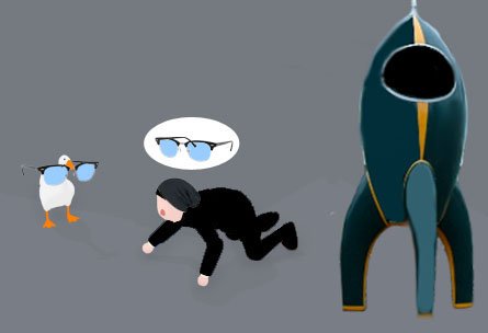 A goose steals glasses from a hacker next to a rocket.
