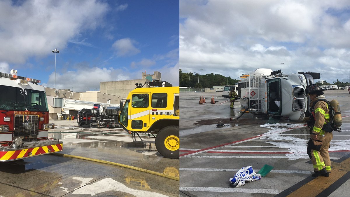 WFLA's tweet image. Fuel truck overturns at airport, some planes diverted bit.ly/2SCdLrE