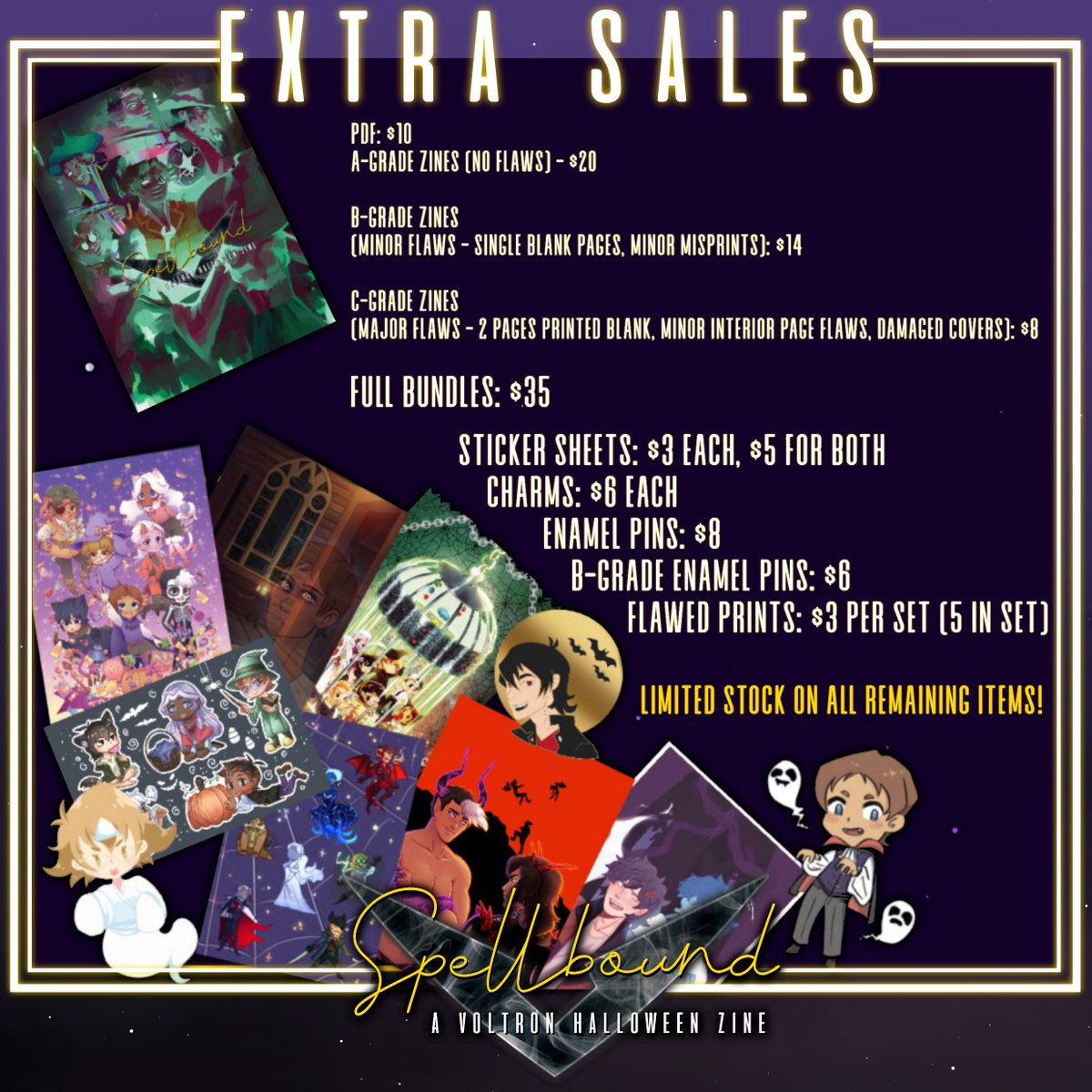 vldhalloween19's tweet photo. Leftover sales for Spellbound: A Voltron Halloween Zine are now live!
Sales will be open until February 1st, 11:59pm EST! As these are leftover sales, supply of each item varies and some are very limited!
https://t.co/FRatp6pFNe https://t.co/uxLzqPM0zq
