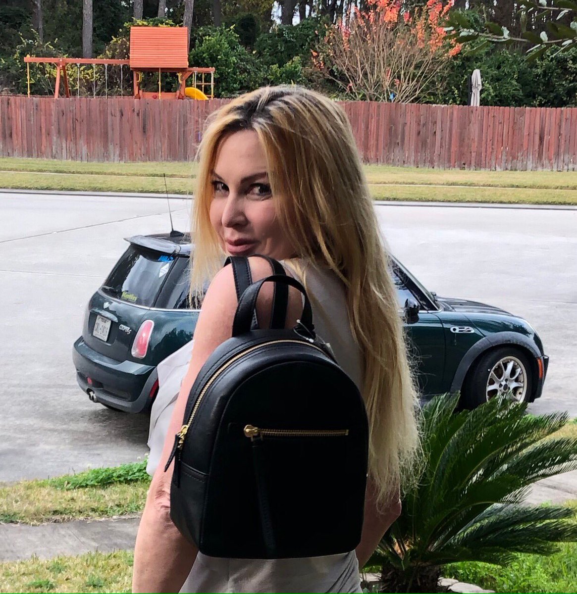 Texascopywriter's tweet photo. Little leather #backpack the Dragonslayer got me. I know you can’t see it, but my initials are embossed into the leather. #somanypockets https://t.co/vqR6jRJO4m