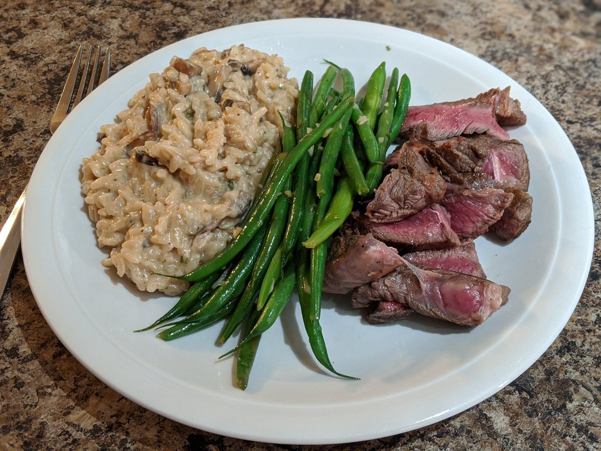 Pan-seared top sirloin, lemon-ginger French beans, and mushroom parmesan risotto. #whatsfordinner