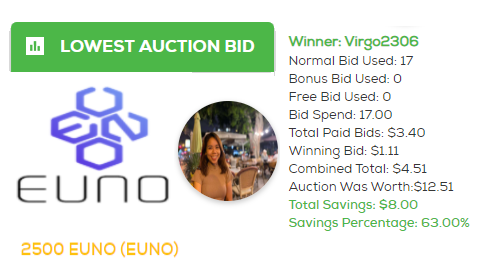 247BidsHQ's tweet photo. Did you see our Winner: Virgo2306
Has won 2500 EUNO (EUNO) on 12/20/2019
#Auction ID: 1938
Bid Spent: 17
Won Amount: $1.11
Savings Percentage: 63%
Telegram: https://t.co/bfBW9aM59I
https://t.co/NnkWSEZRXd
#247Bids #Winner #won $EUNO #EUNO #BAT #PAX #ZEC #FTT #SNX #DCR #QTUM https://t.co/PS5BNvff2g