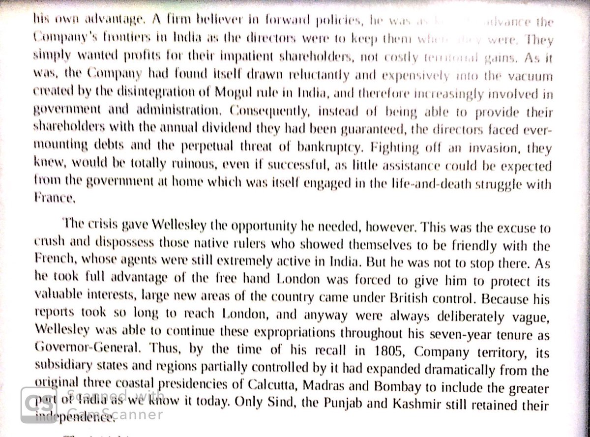 Fear of Napoleonic invasion led London giving a free hand to the Duke of Wellington. Wellington greatly expanded British control, seizing numerous territories & dispossessing their rulers, mostly for East India Company shareholders’ benefit.