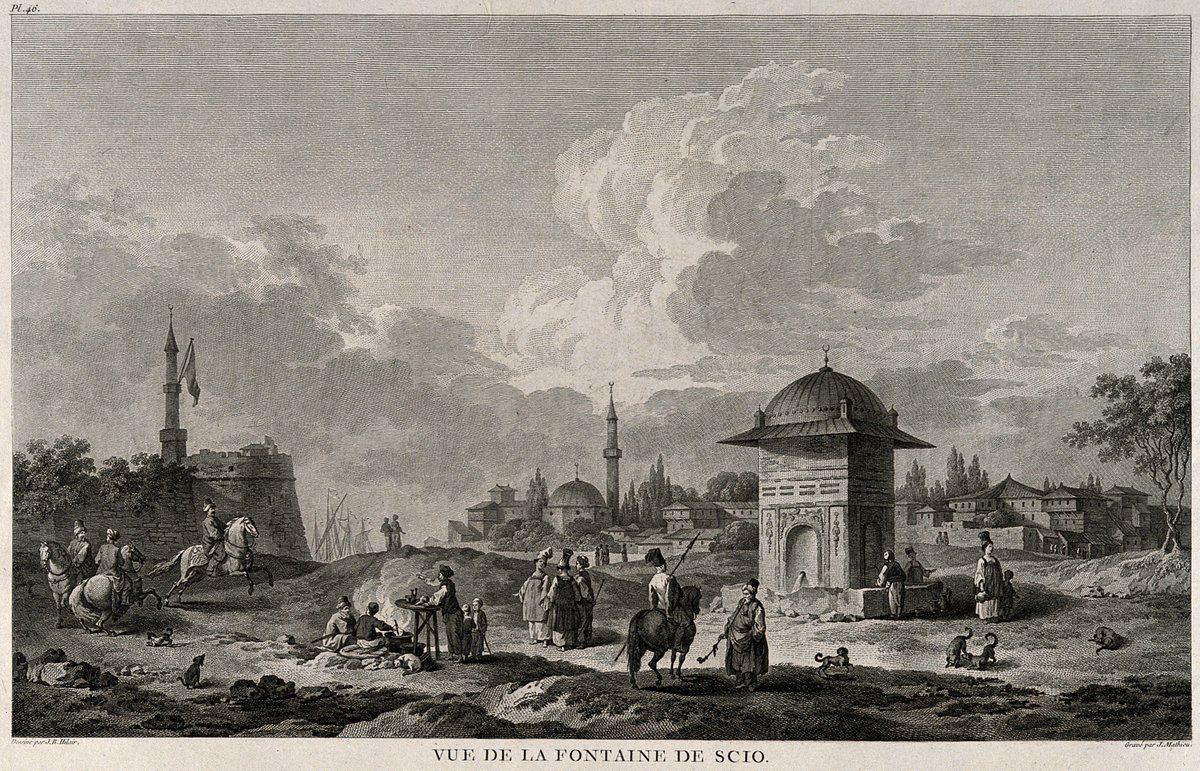 Osmaniye Mosque, Sakız (Chios)Built in 1892 to serve the once-vibrant Muslim community of Chios, which has since been massacred or expelled by the Greeks. "Restored" mosque is not open to visitors or worshippers, only used for exhibitions. engrving Jean-Baptiste Hilaire, 1782