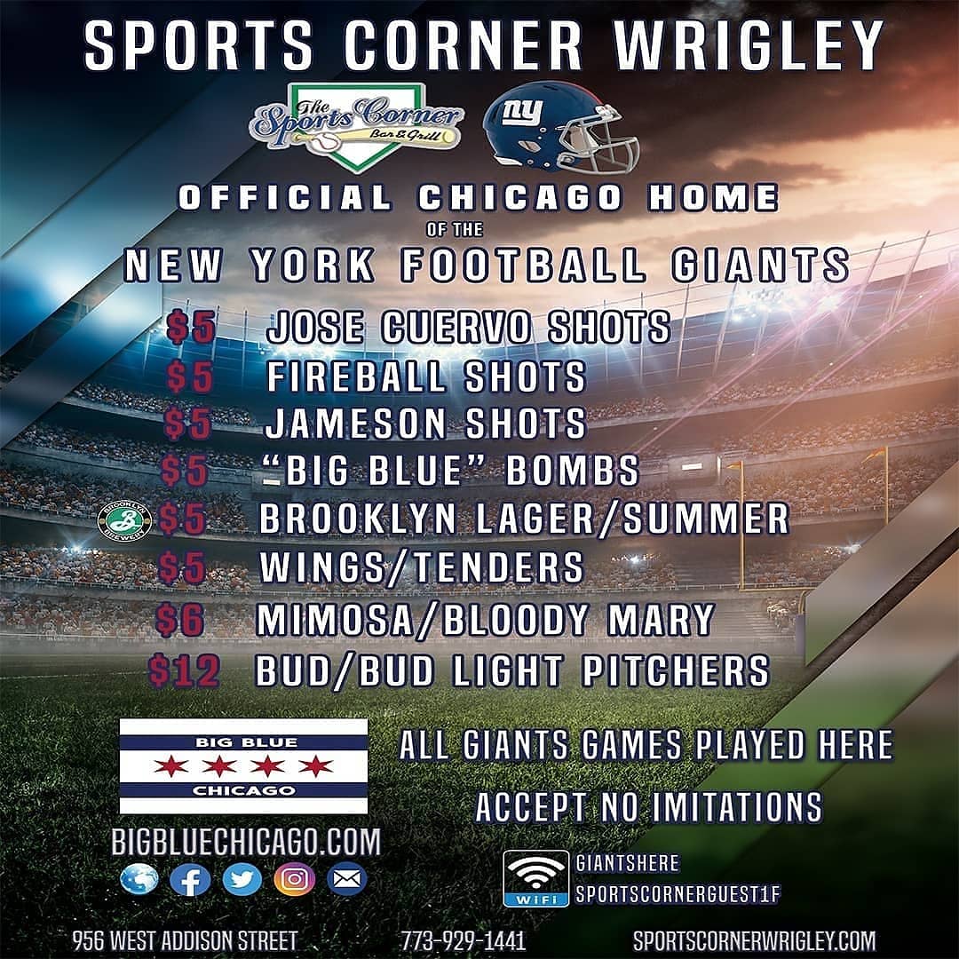 BigBlueChicago's tweet photo. One last game.

It's been another long, tough season. But since we are all saying goodbye for the winter, may as well bring the Eagles along with us. 

Giants vs. Eagles at 3:25 PM at @SportsCorner1 to close out the year. 

#BigBlueChicago #PHIvsNYG  #GiantsPride https://t.co/tk0z5hmeSg
