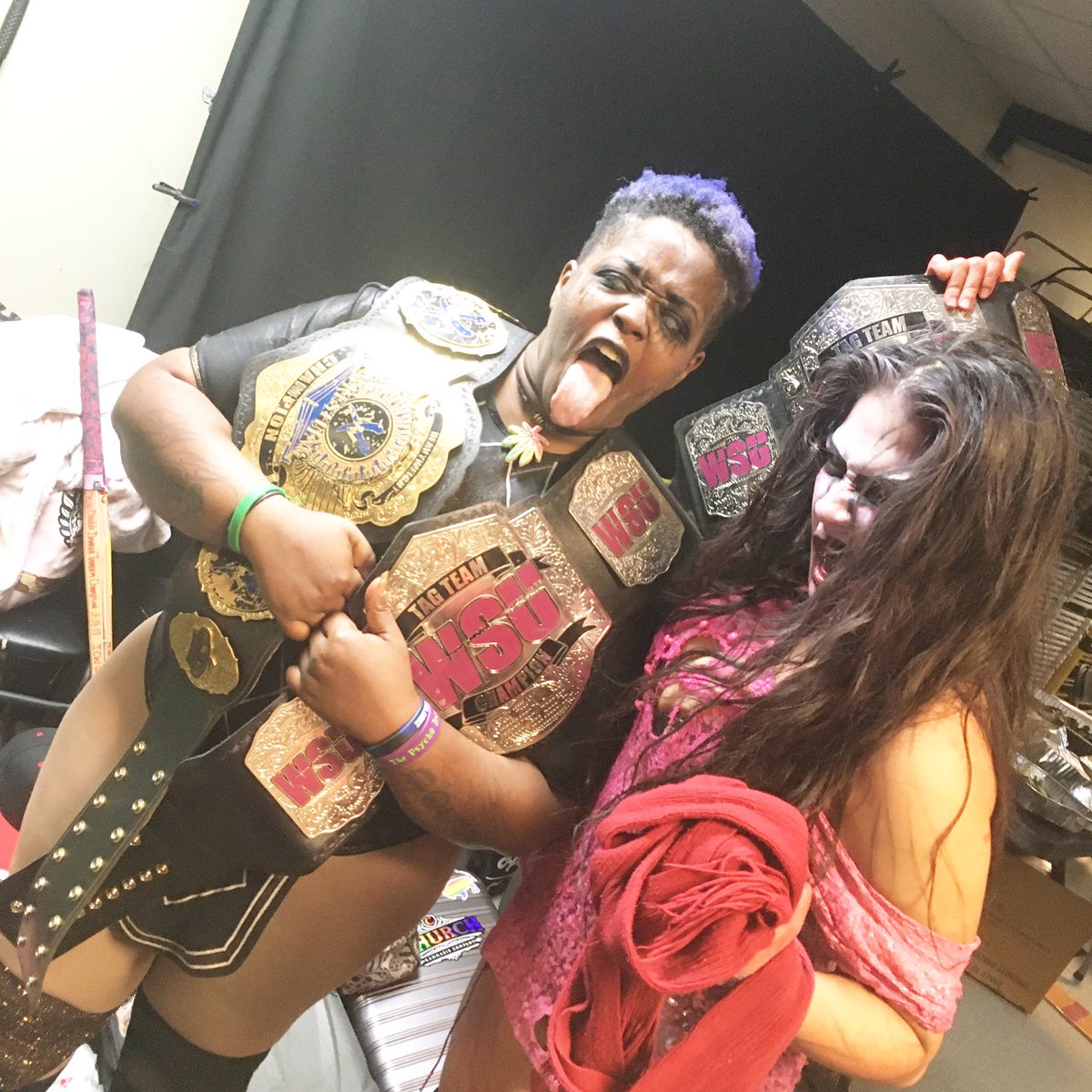 Today marks 17yrs I’ve been in this crazy business, and what better way to end 2019 then walking out the NEWWWWW WSU Tag Team Champions with my sis Suuuuuuu. Respectfully tho #NewwwwTagTeamChampions #RuthlessTwoBelts #QueenSuperSavageSaiyanGod #MzWhatThatLariatDo
