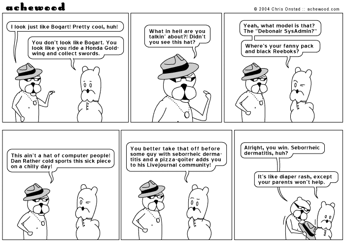 Achewood strip from http://www.achewood.com/index.php?date=11012004, in which Ray wears a Fedora and Teodor makes fun of him