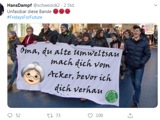 PatrickGensing's tweet photo. Mit einem manipulierten #FFF-Foto soll Hysterie weiter geschürt werden. Alles nach bekannten Playbooks. Übrigens: junge Leute werden seit Monaten beledigt und diffamiert, aber #Umweltsau-Lied sei eine Instrumentalisierung wie in der FDJ oder HJ... 🙄 #desinformation #FakeNews https://t.co/9BJUp8AJKi