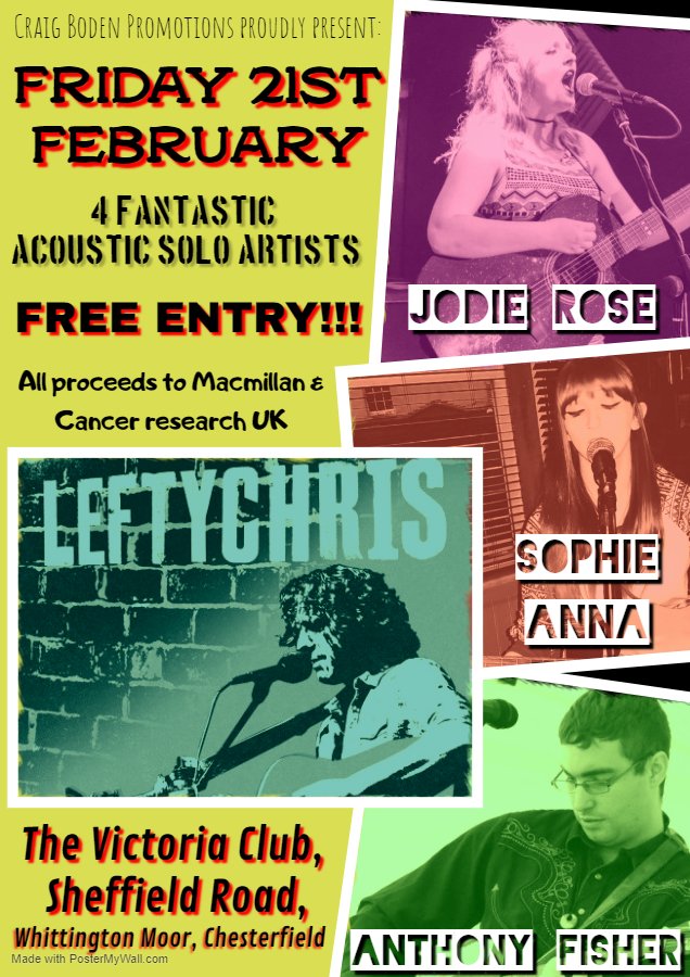 DerbysMA's tweet photo. #macmillan #cancerresearchuk #charity #free #february #music #entertainment #acoustic #guitar #vocal #songwriter #whittingtonmoor #chesterfield #derbyshire #craigbodenpromotions #fundraising #help #support #keepmusiclive #supportlocal #share #seeyouthere #thankyou #victoriaclub https://t.co/YUjJfUrDJ1
