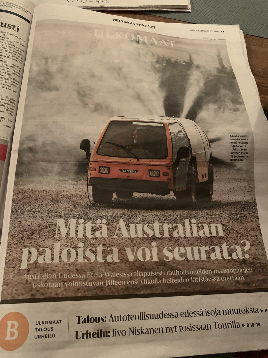 SuomiAino's tweet photo. The main international story in the Finnish national newspaper @hsfi: Australian bushfire catastrophe. @ScottMorrisonMP gets a special mention for his undying support for the coal industry. #auspol #bushfires #ClimateChange https://t.co/LItjVT7iTL