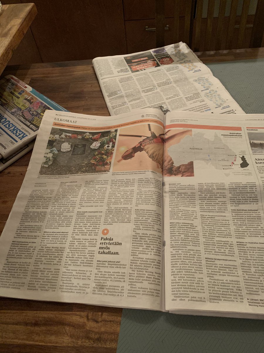 SuomiAino's tweet photo. The main international story in the Finnish national newspaper @hsfi: Australian bushfire catastrophe. @ScottMorrisonMP gets a special mention for his undying support for the coal industry. #auspol #bushfires #ClimateChange https://t.co/LItjVT7iTL