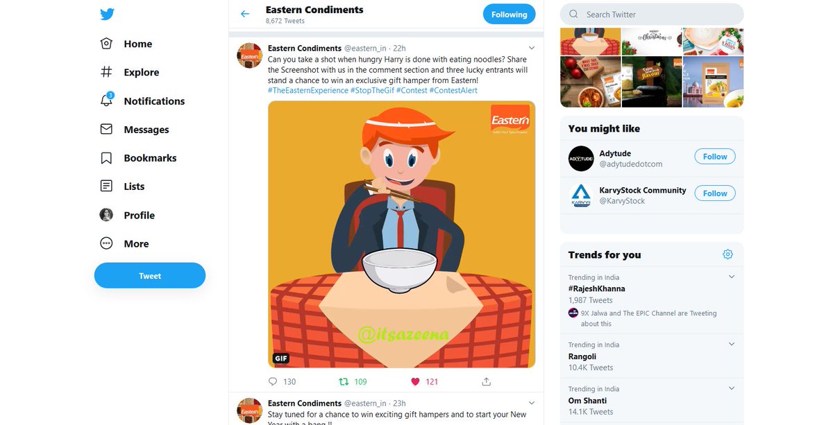 itsazeena's tweet photo. @eastern_in Here is My Perfect Screenshot Team
#TheEasternExperience #StopTheGif #Contest #ContestAlert
@eastern_in #Eastern #EasternCondiments #EasternSpices
@Mehul_lm
@Saurabhj55
@porwal_sarika
@kapil_vinayak_
@FLYINMINI
@Tu_13_Dekhna
@krishna_kumavat https://t.co/N65mqwoaWS