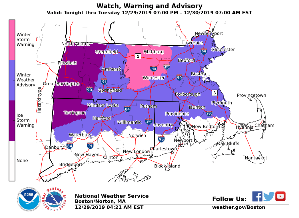 NWSBoston's tweet photo. [Winter Weather Update] #Ice Storm Warning (greater than 0.50 inches ice accretion) for western #MA. Significant icing for northern #Worcester county too. Power outages possible higher terrain. Sleet/ice pellets &amp; freezing rain arrive this evening in #CT #RI &amp; MA, continuing Mon https://t.co/P1o0uwbrmj