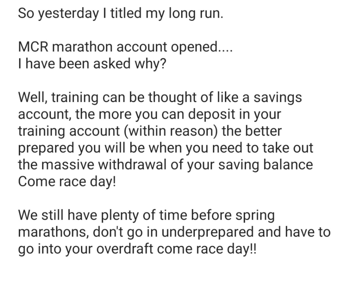 This may be a bit soppy for some, but just like everything in life (within reason). We get out what we put in.
The marathon is a big test of your body, give yourself the best chance!

#ukrunchat #newlimitsruncoaching