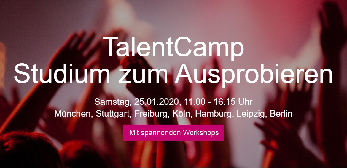 hs_macromedia's tweet photo. 👩‍🎓👨‍🎓 Du willst irgendwas mit Management, Medien, Journalistik, Film oder Design studieren? Dann komm zu unserem TalentCamp am 25. Januar. Wähle den für Dich passenden Workshop aus und erlebe Studieren live.  Jetzt Plätze reservieren▶️https://t.co/auYQRHbe0J #youchange https://t.co/7kRMKrIUp5