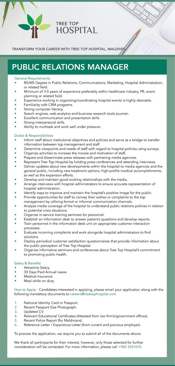 treetophospital's tweet photo. Career opportunity at Tree Top Hospital.
#PublicRelationsManager

To apply, please email your updated CV along with supporting documents to careers@treetophospital.com.

For more information, please call 3351610.

#treetophospital #job #jobvacancy #career https://t.co/3Dxb5Y8c9b