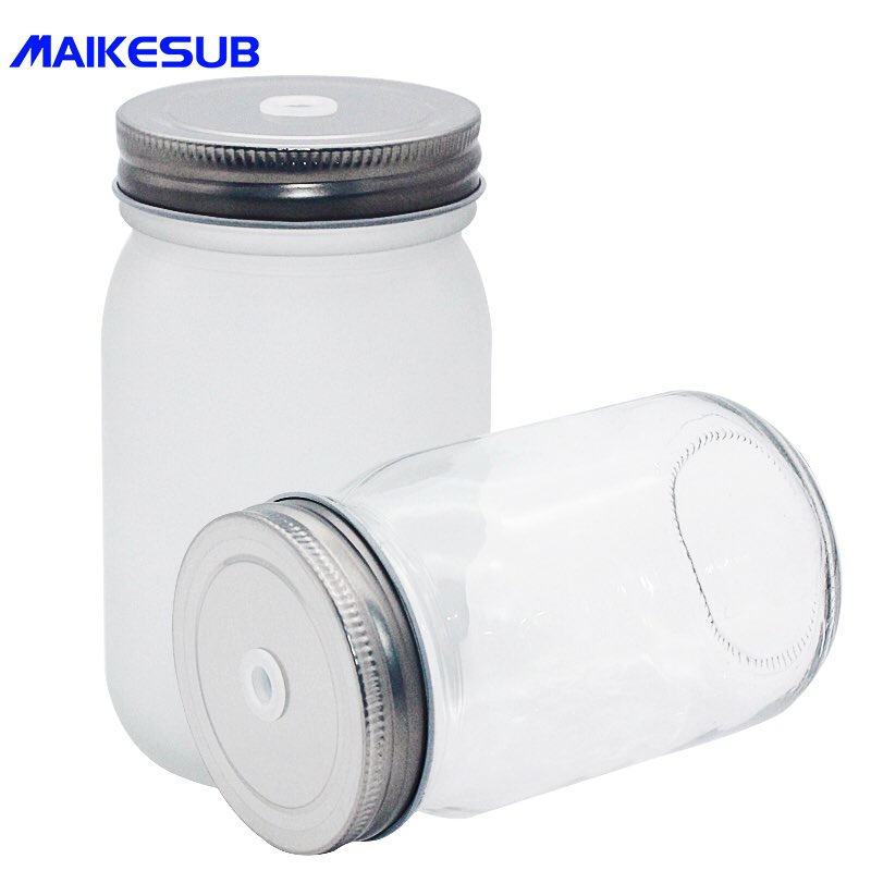 Mason Blank Sublimation Frosted glass Jar Mugs 430ml with glass handles and straw drinking heat dye transfer 4 pieces