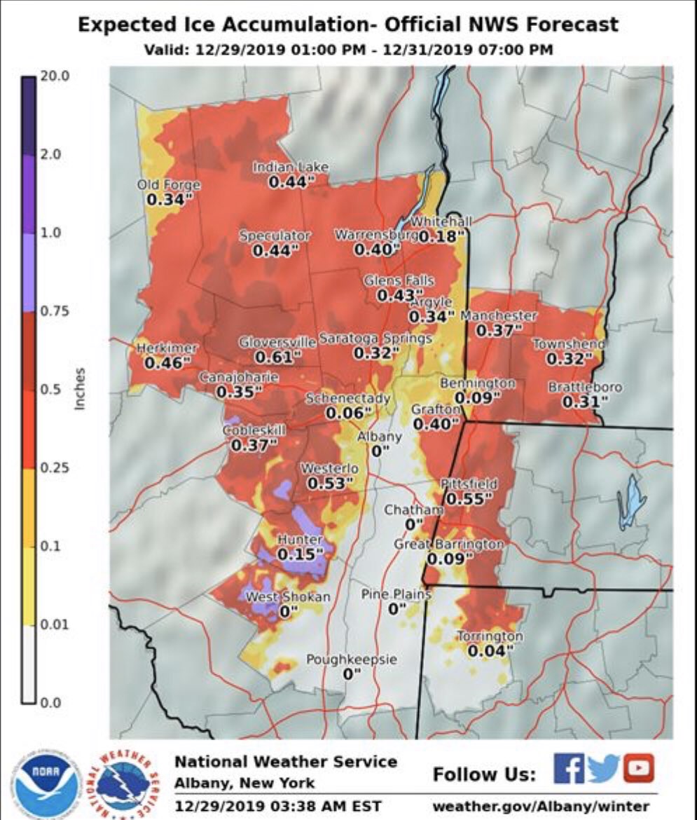 BrianOhler's tweet image. NW CT is expected to receive upwards of .75 inches of ice over the next 48 hours. There is a potential for significant damage to trees, branches, and power lines. I can’t remember the last time @NWSAlbany issued an actual #IceWarning for our area. #ctwx #cttraffic