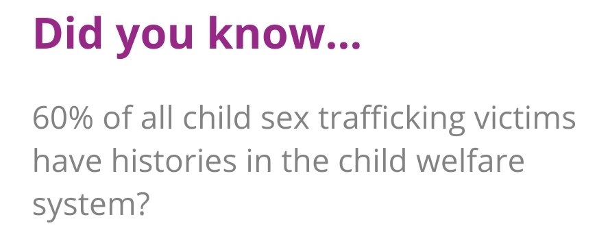 It is estimated that 100,000 children are sex trafficked, 60% from foster care in the US!

A child trafficking ring was exposed as selling children for upto $5,000 per night, then 60,000 children from state care are making millions per night for these vile paedophiles rings!