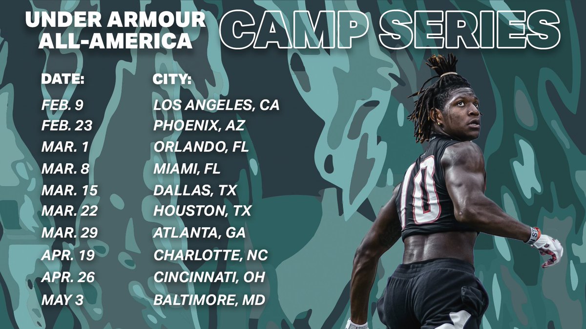UANextFootball's tweet photo. OFFICIAL: The schedule for the 2020 Under Armour All-America Camp Series is here. 

Who will earn the Golden Ticket? 🎫 

#UAALLAMERICA https://t.co/KjB47Jitct