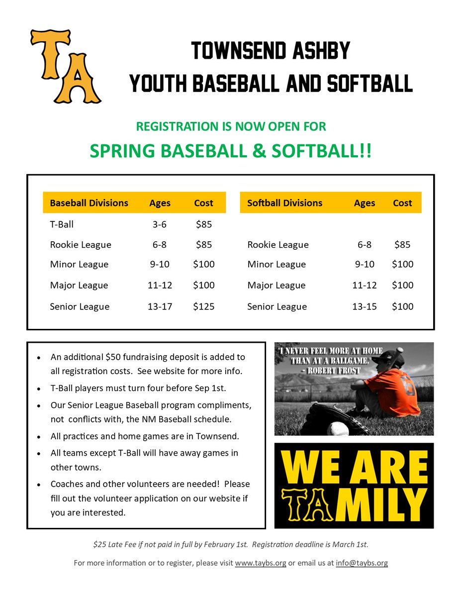 Registrations for Spring Baseball and Softball are open!  Register today at register.taybs.org!