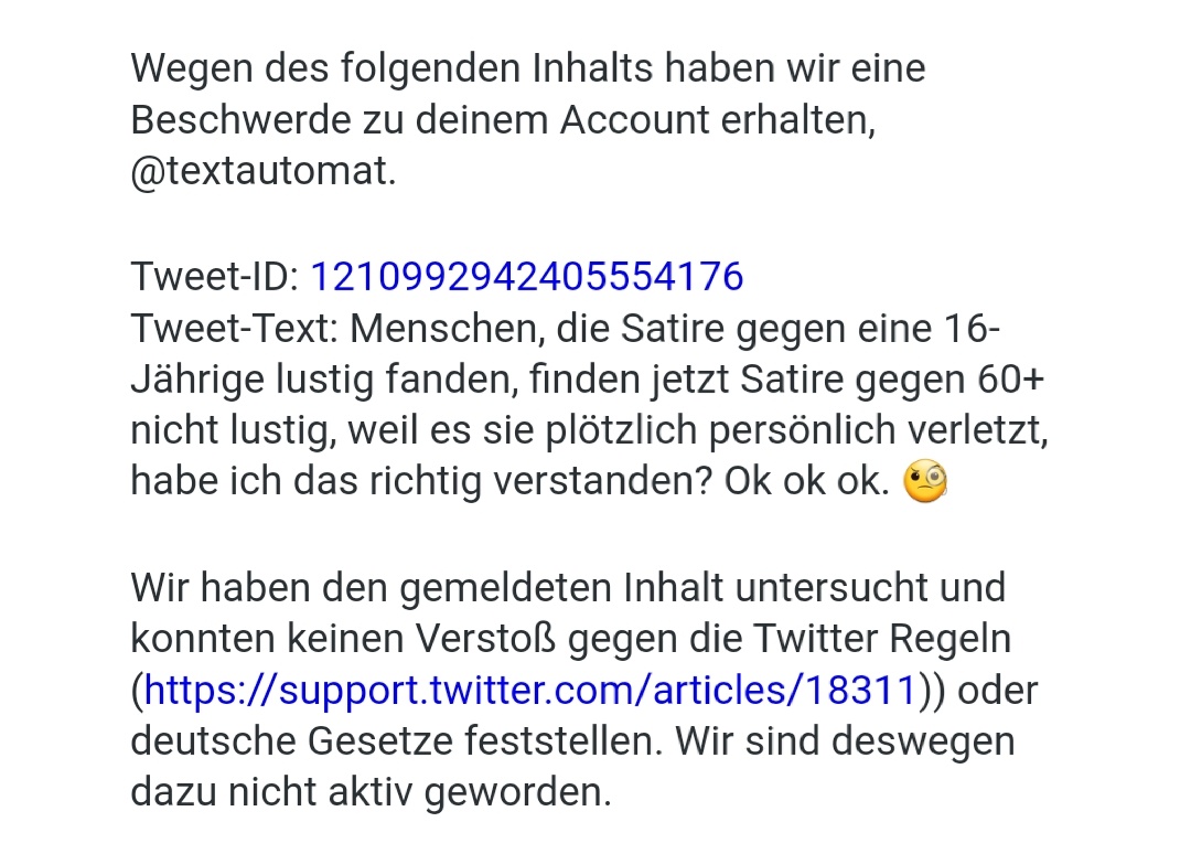 Info-Mail, dass einer meiner Tweets zu #Umweltsau gemeldet wurde, aber keinen Verstoß darstellt.