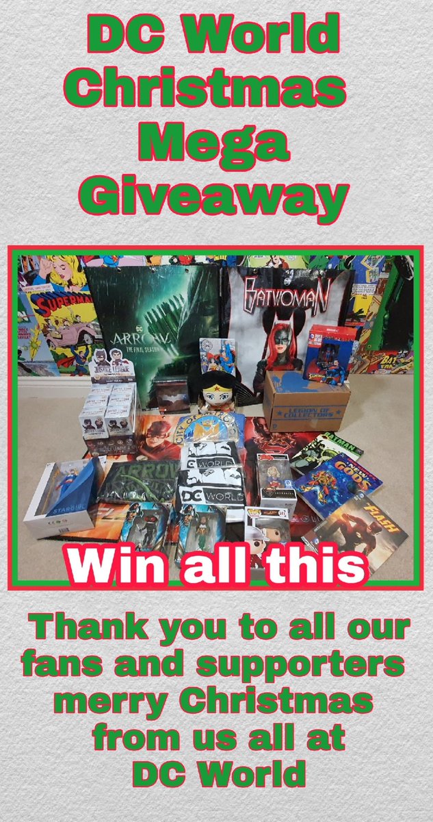 _DCWorld's tweet image. WIN.
All these DC Goodies in the 
DC World Mega Christmas giveaway.
To Enter..
🎁Follow us
🎁Retweet this post
🎁Tag 2 friends 
One winner will be announced on December 31st
Merry Christmas from the DC World Team and thank you all for supporting 🎄🎁 
#Win #DCWorld