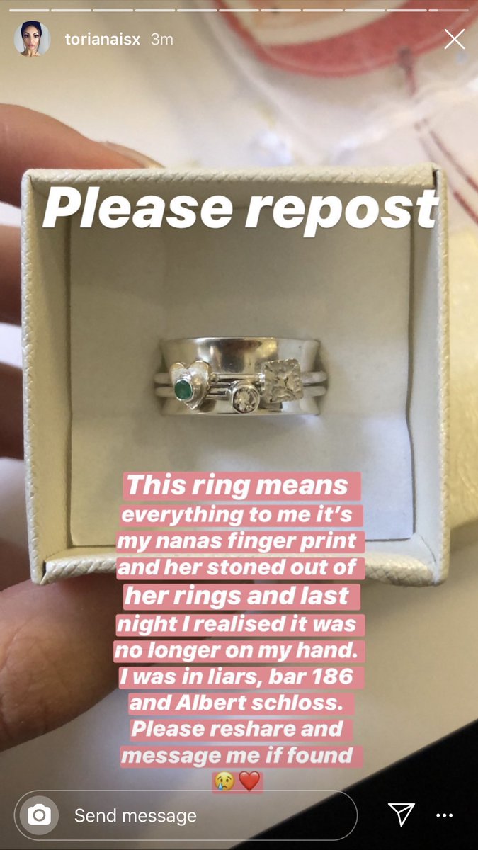 So my friend has asked me to post this as she doesn’t use twitter and is literally heartbroken. She lost this sentimental ring in Manchester last night she visited Lairs bar, Albert Schloss and Bar 168. Please let me or her know if you hear anything 🥺
