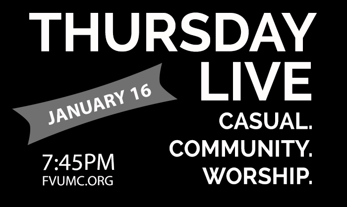 fvumc's tweet photo. Thursday Live

Come to the centrum for an informal community gathering time with a brief devotion and contemporary worship music. The next Thursday Live is on January 16 at 7:45pm. Childcare is available. https://t.co/NBlf0KM4Rc