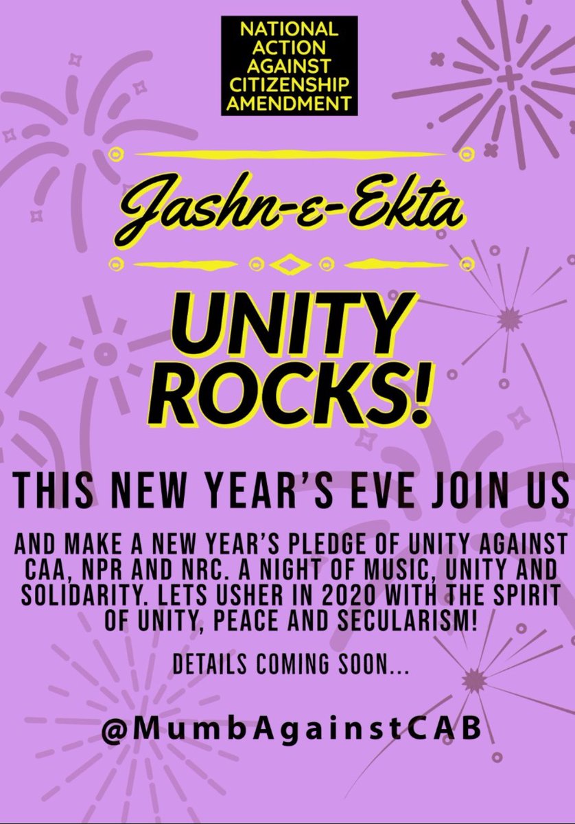 MumbAgainstCAB's tweet photo. Mumbai! Here's the new year's plan to end all plans! #JashneEkta #UnityRocks
Join us in a celebration of unity, peace, secularism and solidarity!
Let's together take a new year's pledge to stand united against CAA, NRC and NPR.
#MumbaiagainstCAA https://t.co/a4LetFFzBX
