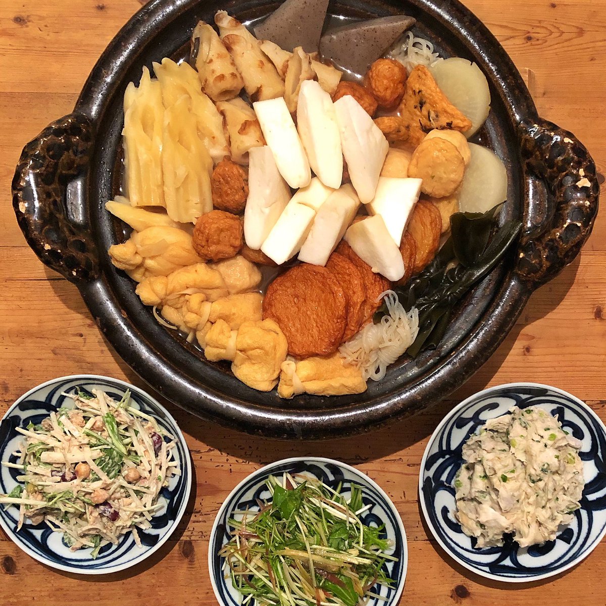Takeshi Mochida Na Twitteru 今夜は子供達のリクエストで おでん 副菜は茗荷と水菜の和風サラダと里芋と塩昆布の和風ポテト サラダとさばの水煮と大根の水菜のサラダ 父料理
