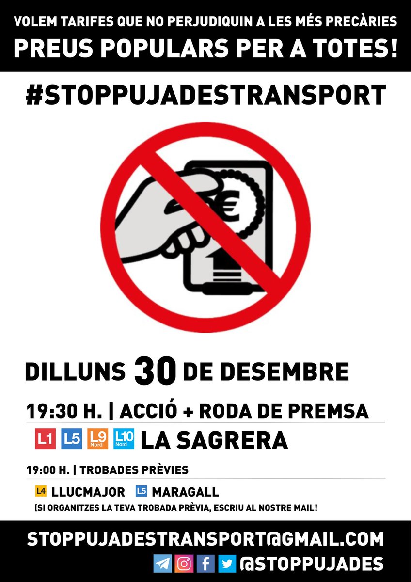 Demà dilluns, concentració, acció i roda de premsa d'<a href="/StopPujades/">Plataforma #StopPujadesTransport</a> per les noves tarifes de l'ATM. 

19.00 h: Trobada previa a Maragall i Llucmajor
19.30 h: La Sagrera (vestíbul entre L1 i L5)
