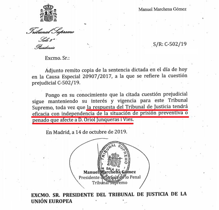 josepcosta's tweet photo. Tots aquells que diuen que @junqueras no ha de ser alliberat perquè ja no és un pres preventiu, deuen haver oblidat aquesta carta de Marchena al TJUE, no?
El TS va deixar per escrit que acataria la decisió tot i haver dictat la condemna. 
Com és que encara no l'han alliberat? https://t.co/XrLdKcXIsh